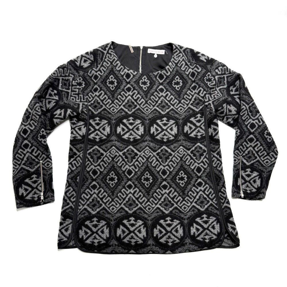 Rebecca Taylor 4 Sweater Black Gray Southwest Print Knit Top Wool Aztec Shirt